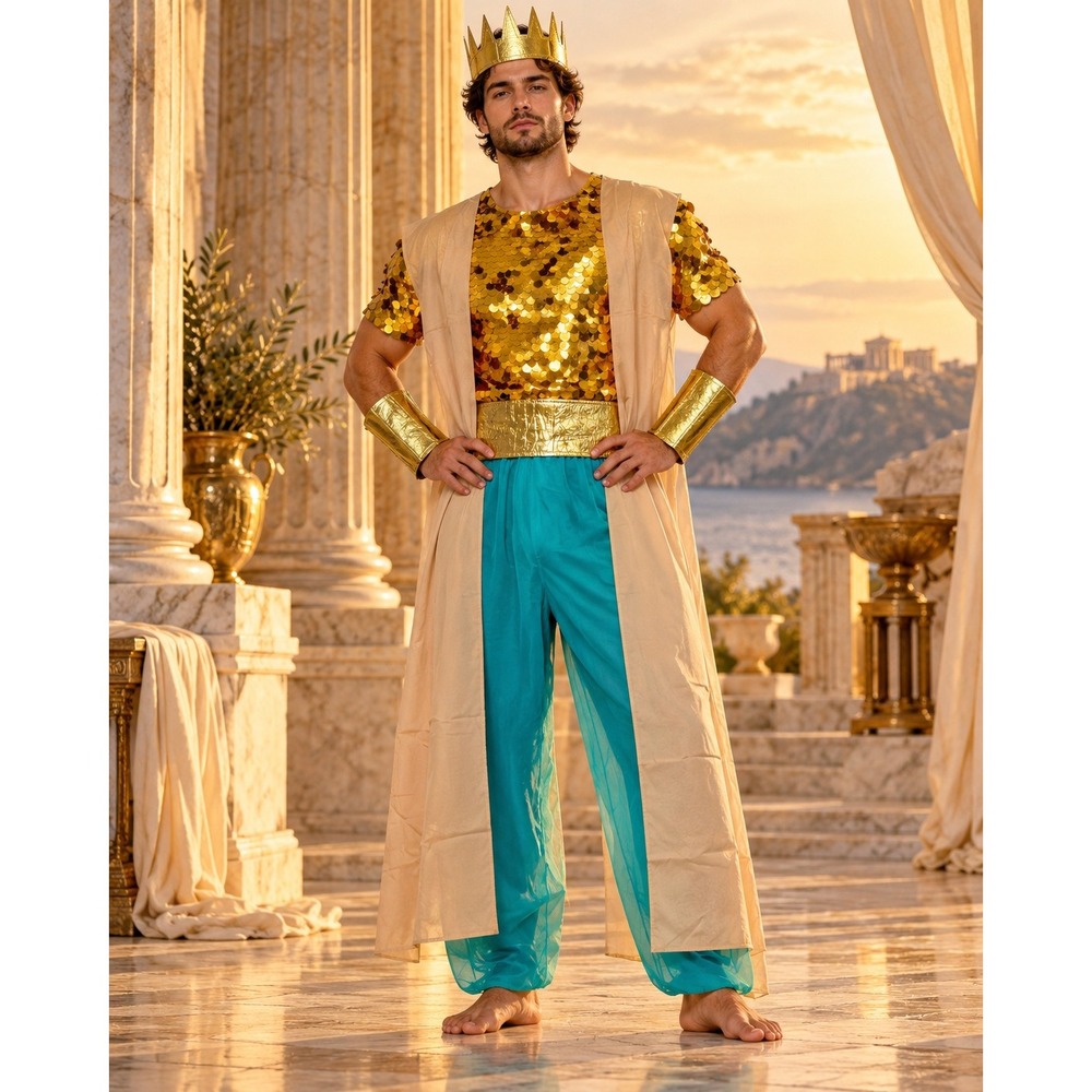 Zeus Greek God Costume Mens Large Gold Sequin Robe Crown Cuffs Halloween